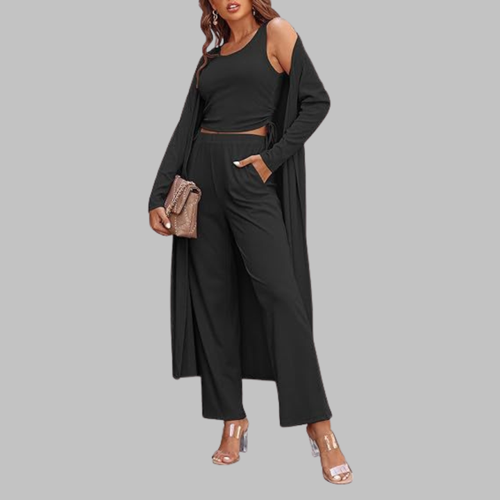 SANORA™ - Casual Lightweight Three Piece Long Cardigan Drawstring Top and Pants Sleepwear