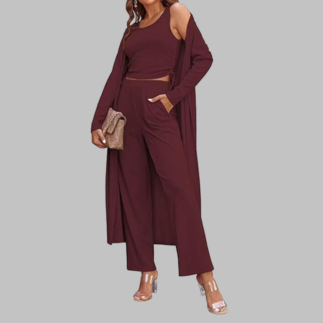 SANORA™ - Casual Lightweight Three Piece Long Cardigan Drawstring Top and Pants Sleepwear
