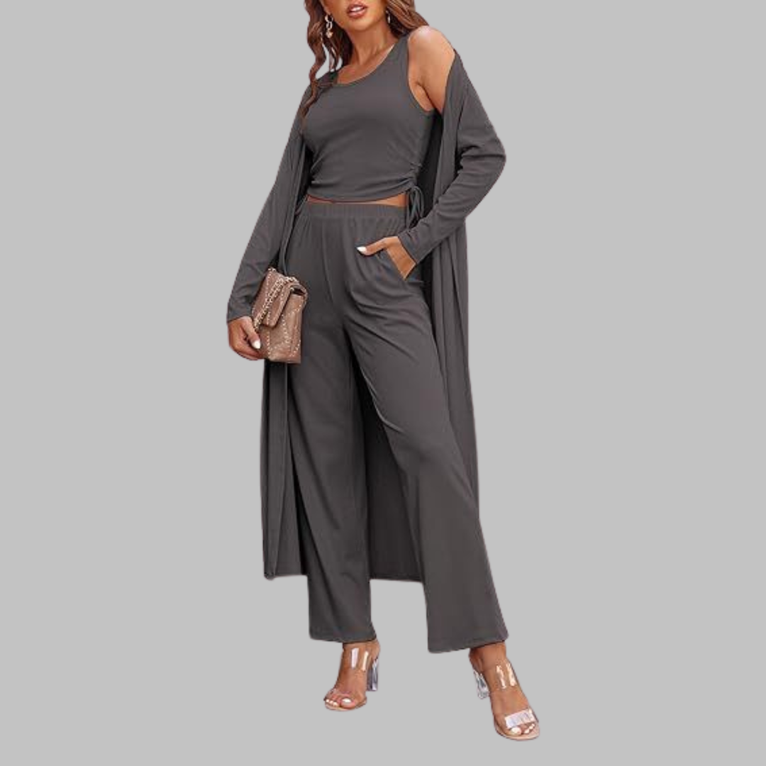 SANORA™ - Casual Lightweight Three Piece Long Cardigan Drawstring Top and Pants Sleepwear
