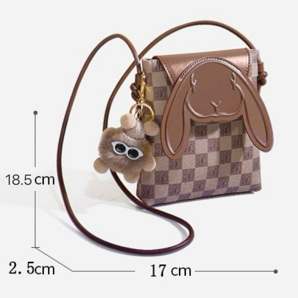 Plaid Cute Collision Rabbit Genuine Leather Mini Crossbody Phone Bag