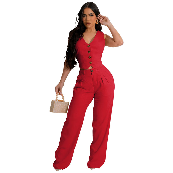 FONORA™ - Elegant V-Neck Crop Tank and High Waist Pants Set